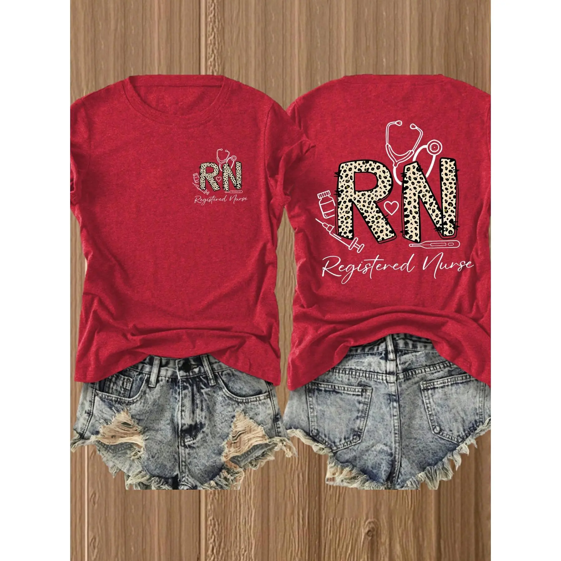 RN Leopard Print Stethoscope Heart Nurse Medical Print Crew Neck Tee, Casual Daily Vacation Summer Short Sleeve Women Tops