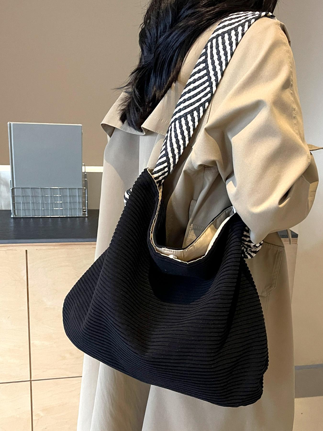Tote shoulder underarm bag large capacity cloth bag crossbody commuter tote bag, with black and white striped wide shoulder strap, Casual lightweight bag, Crossbody shoulder bags, suitable for daily commuting office workers student party