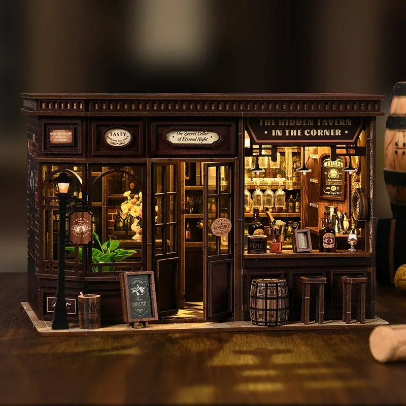 DIY Corner Bar 3D Puzzle Model, Adult Stress Relief Desk Decor, Wooden Handmade Miniature House, Creative Book Stand, Vintage European Style Gift