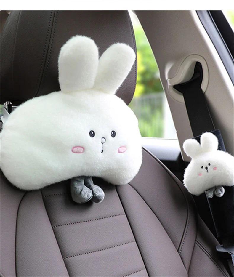 Woman Girl Neck Cushion Rabbit Car Accessories Seat Belt Shoulder Pad Animal Cervical Pillow Universal Headrest Cute Neck Pillow