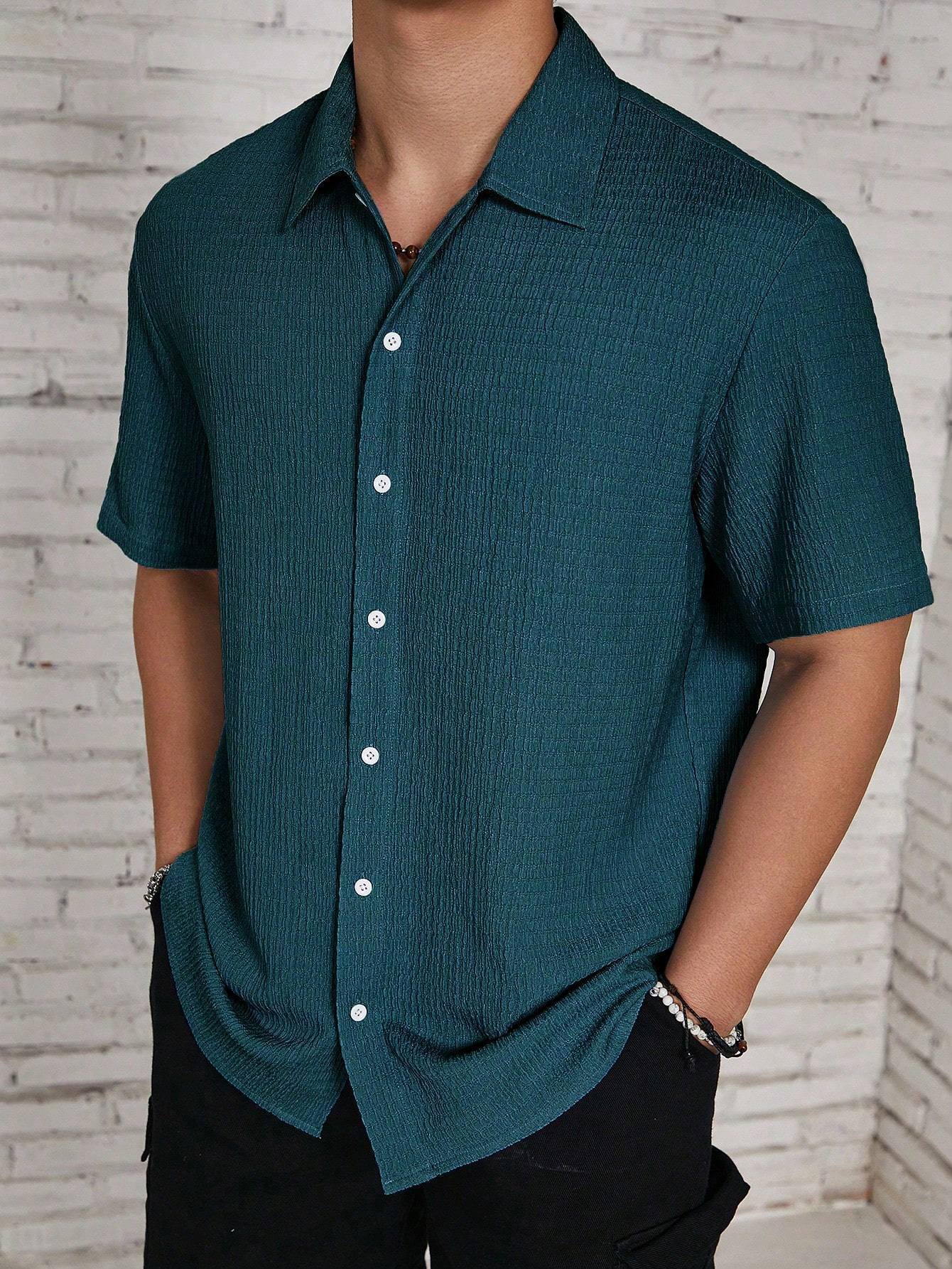 Men's Textured Button Front Shirt, Casual Regular Fit Short Sleeve Collared Top for Summer, Summer Leisure Top 2026, National Day Clothing, Men's Clothes for Daily Wear