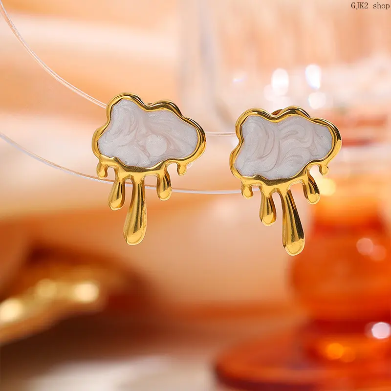 Gold‑Tone Dripping Cloud Enamel Stud Earrings, Creative Melting Cloud Design Earrings, Trendy Statement Jewelry for Women