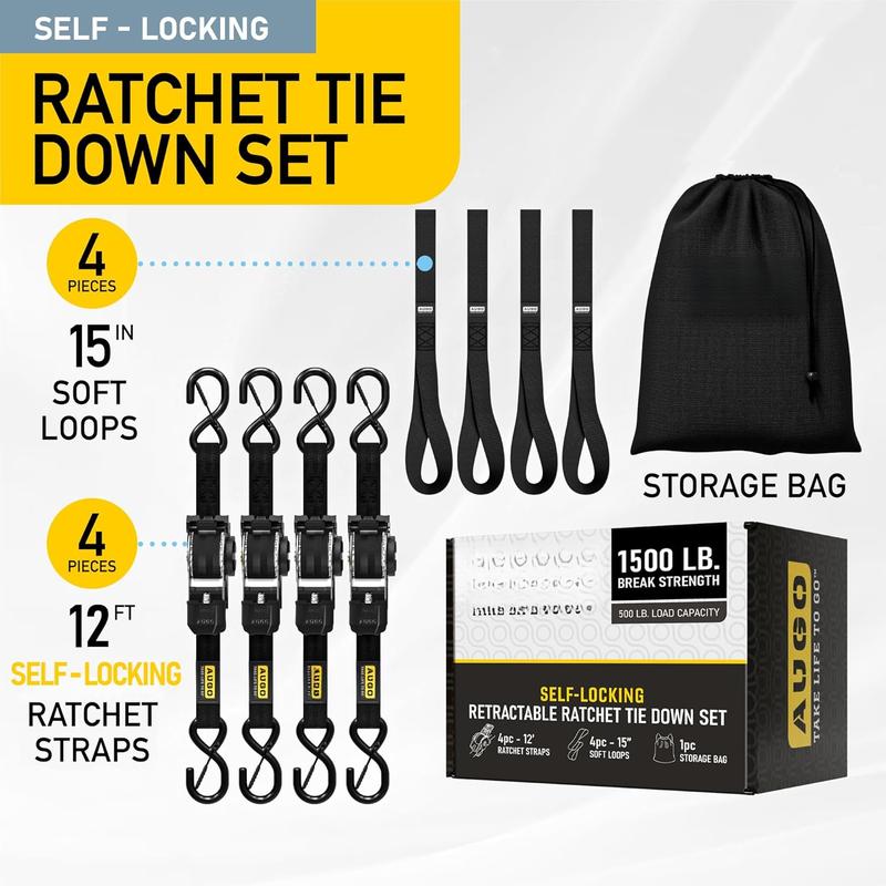 Self-Locking Retractable Ratchet Straps | 4 Heavy Duty Self-Tensioning ...
