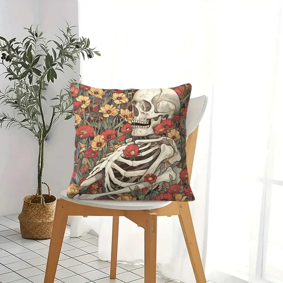 45x45cmGothic Floral Skeleton Pillow, Machine Washable, Trendy Print, Plump Soft Filling, Atmosphere Decor Cushion For Bedroom Living Room (With Pillow Insert)