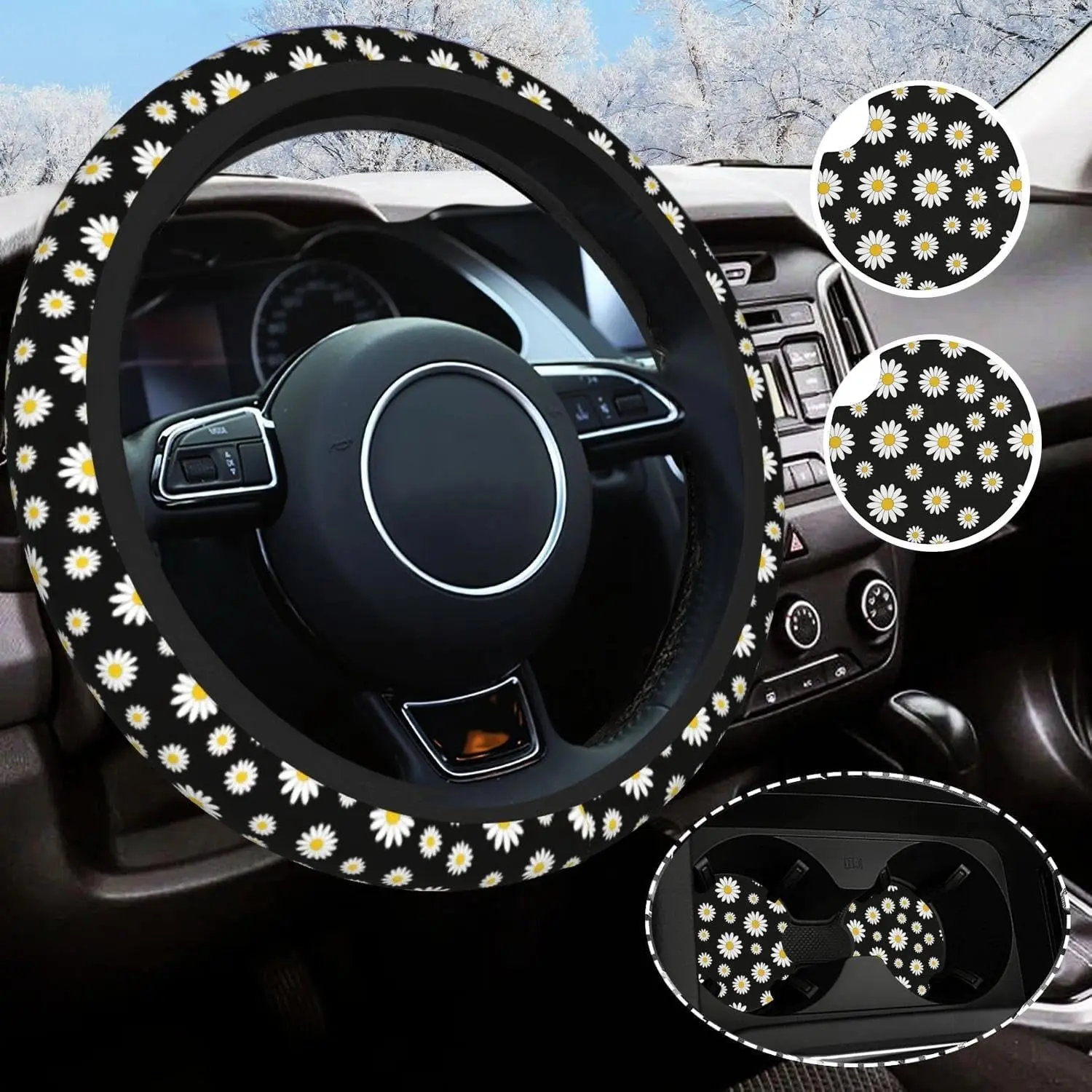 Daisy Steering Wheel Cover  14.5-15 Inch Non-Slip Daisy  Accessories for Women Men