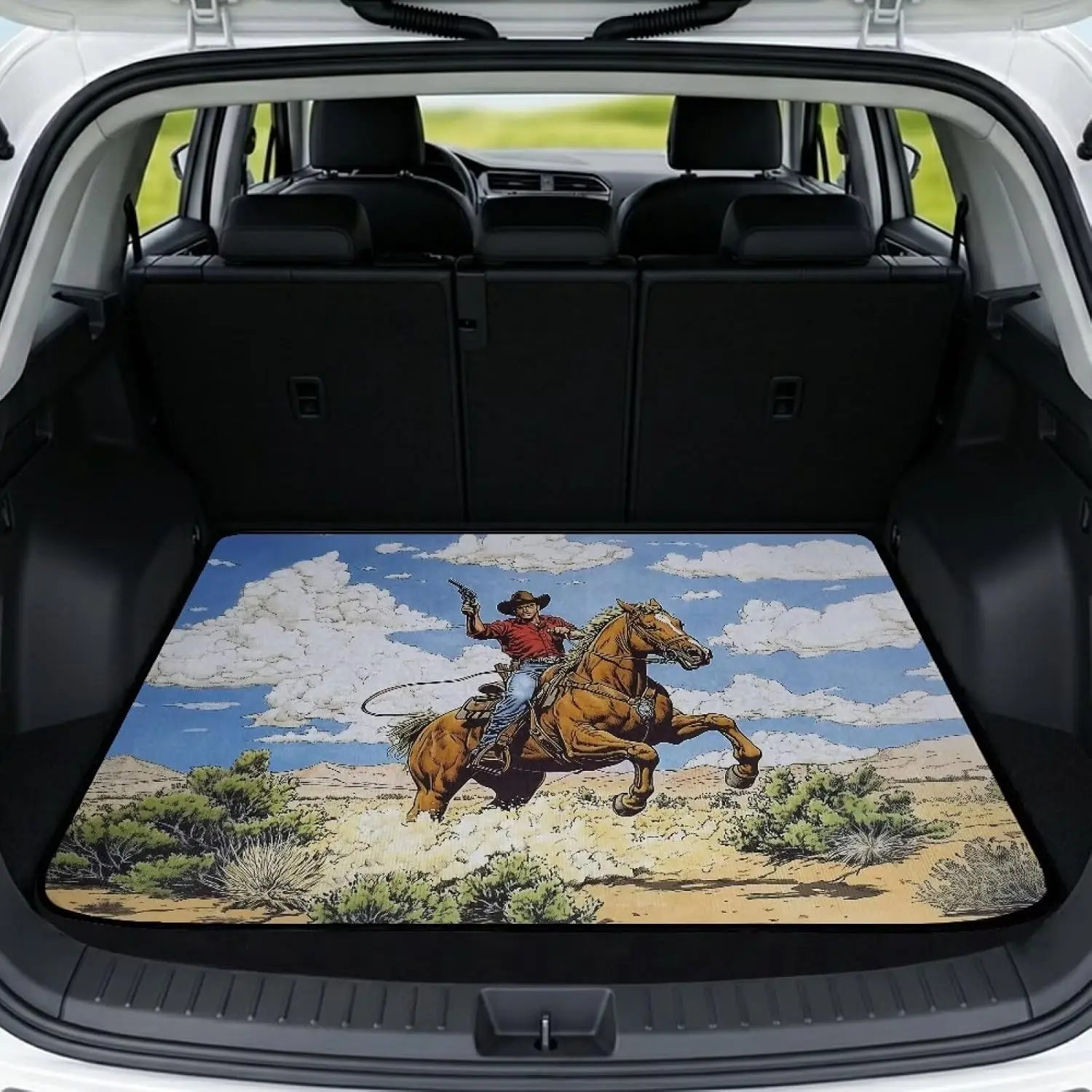 Car Mats Accessories, Cowboy Theme Retro Print Rear Cargo Mat - 30-in x 39-in Universal Fit All-Weather Washable Liner, Non-Slip Durable Trunk Floor Protector for SUVs-Trucks