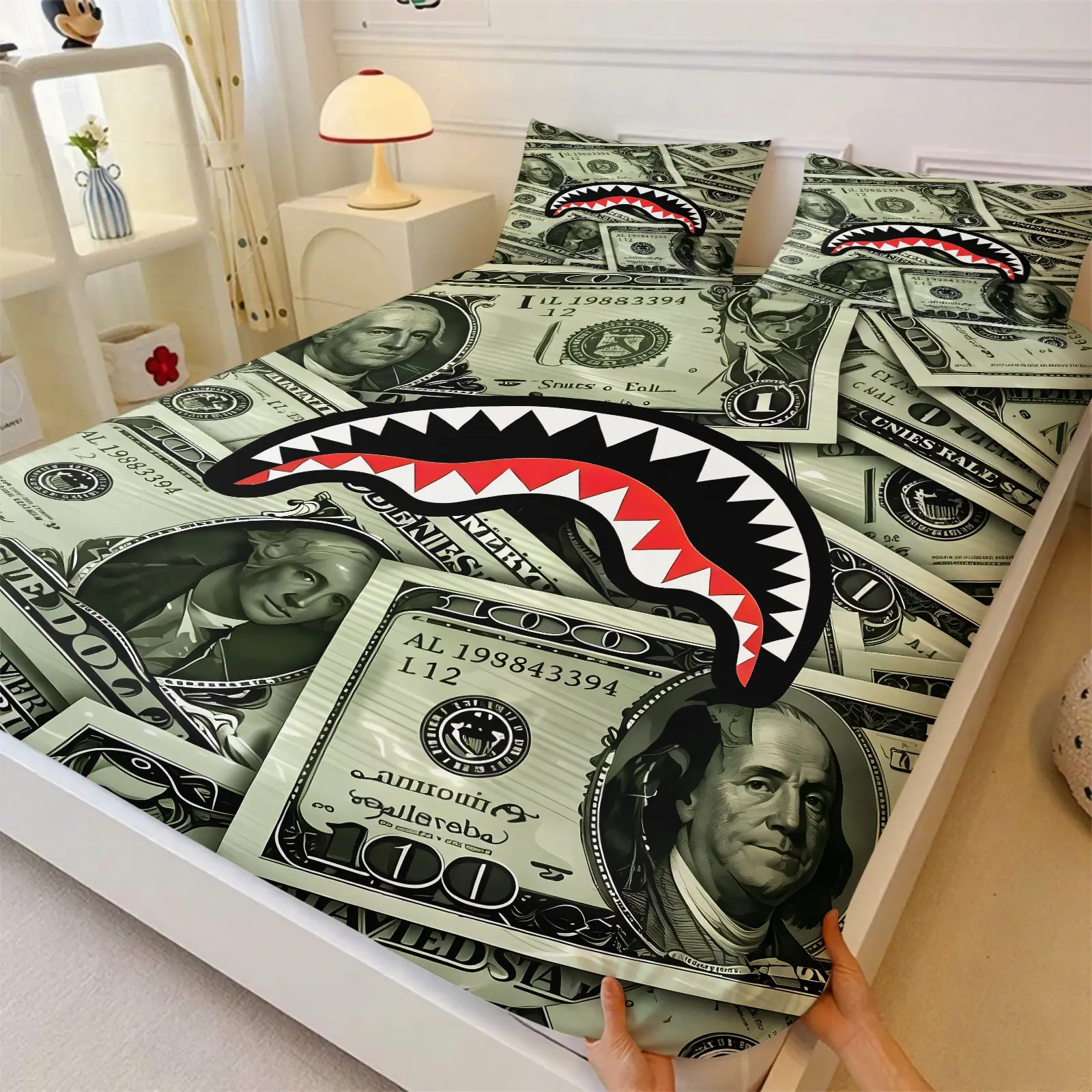 Trendy Graffiti Open‑mouthed Shark Banknote Pattern Fitted Sheet Set, Include 1 Fitted Sheet & 2 Coreless Pillowcases, Deep‑pocket Bedding, Multiple Sizes & Colors Available; for People Who Love Trendy Styles, Dorm & Home Decor