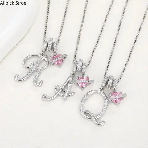 Women's Dainty Gold-Plated Chain Initial Heart Necklace with Pink CZ & Alphabet Detail Pendant - Feminine Items for Adults, Casual Fashion Jewelry, GF Gift for Birthday & Anniversary