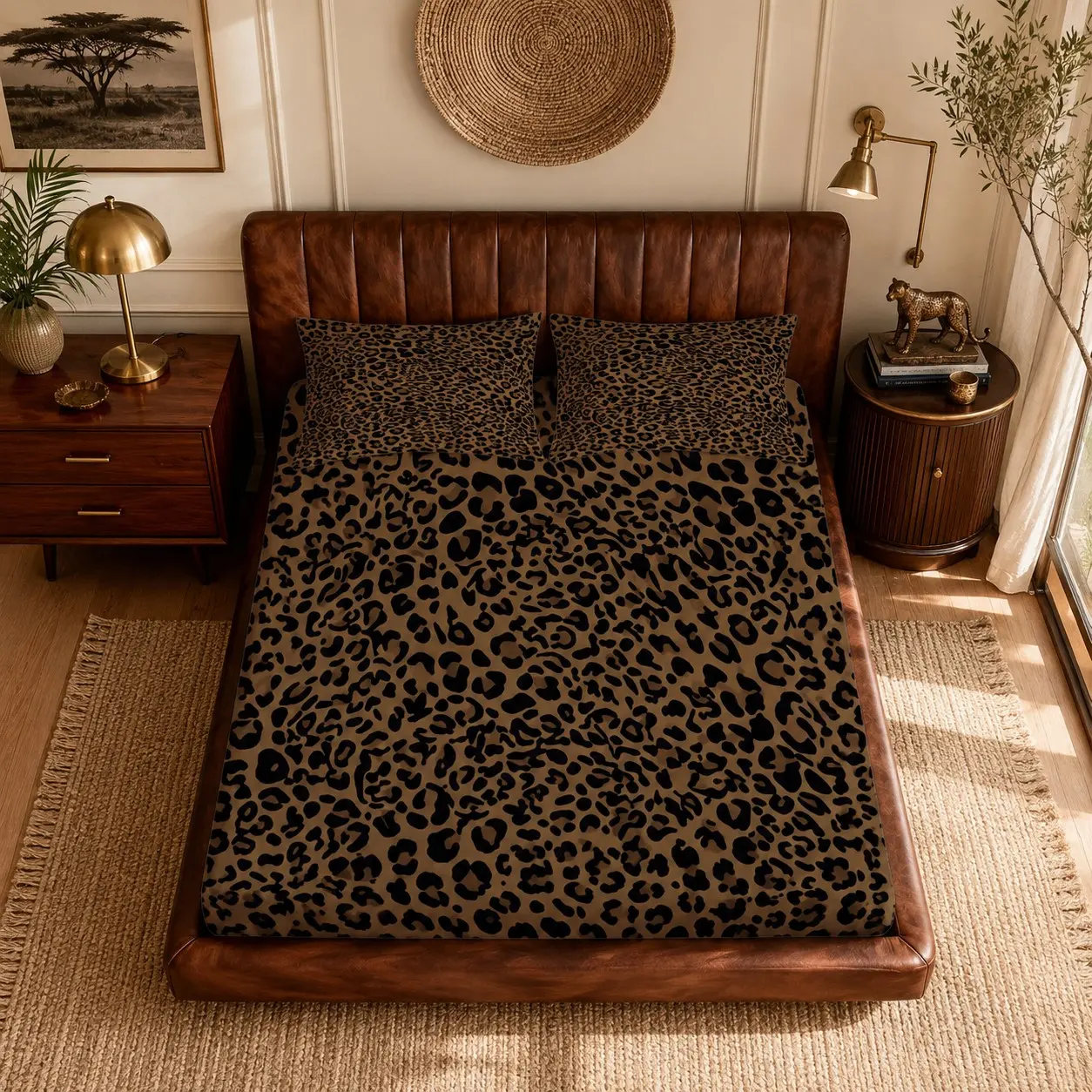 3‑Piece Leopard Print Fitted Sheet Set, Leopard Print Sheets, Includes 1 Fitted Sheet + 2 Pillowcases, Without Pillow Inserts, Deep Pocket Skin‑Friendly Fitted Sheet, for Teens, Ladies and Adults Bedrooms, Create Unique Aesthetic Bedroom Decor