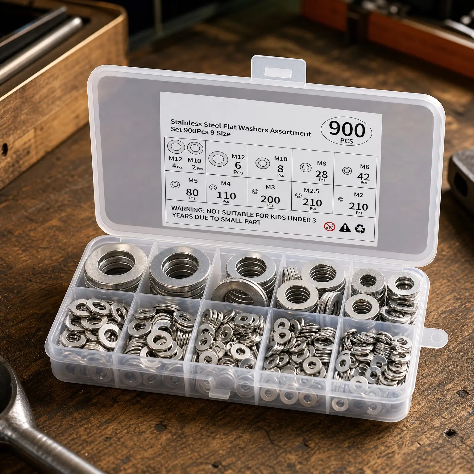900 Pcs Stainless Steel Flat Washers Assorted Sizes M2 M2.5 M3 M4 M5 M6 M8 M10 M12 for Screws Bolts Industrial Use Metal WashersGift