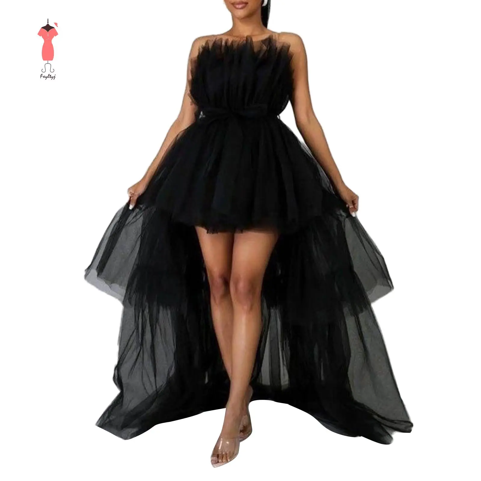 Women's Polyester Gown, Elegant Strapless Tiered High-Low Tulle with Sleeveless Cut for Going Out, Prom & Cocktail Parties, Gowns, Women's Dresses, Lady