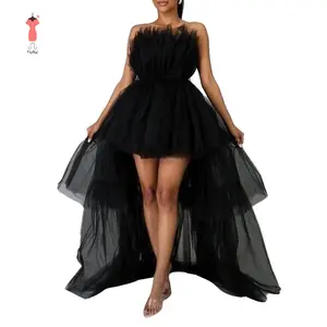 Women´s High Low Tulle Dress, Strapless Solid Color Tiered Cocktail Party Dress Prom Gown