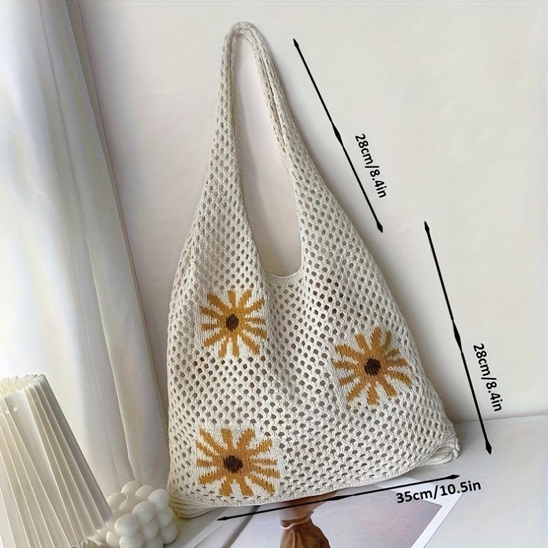 Crochet Shoulder Bag for Women with Floral Embossed Sunflower Design Beige Polyester Open-Top Tote Bag Spacious Bohemian Style Casual Handbag for Beach Outings 4 Seasons  Organiser
