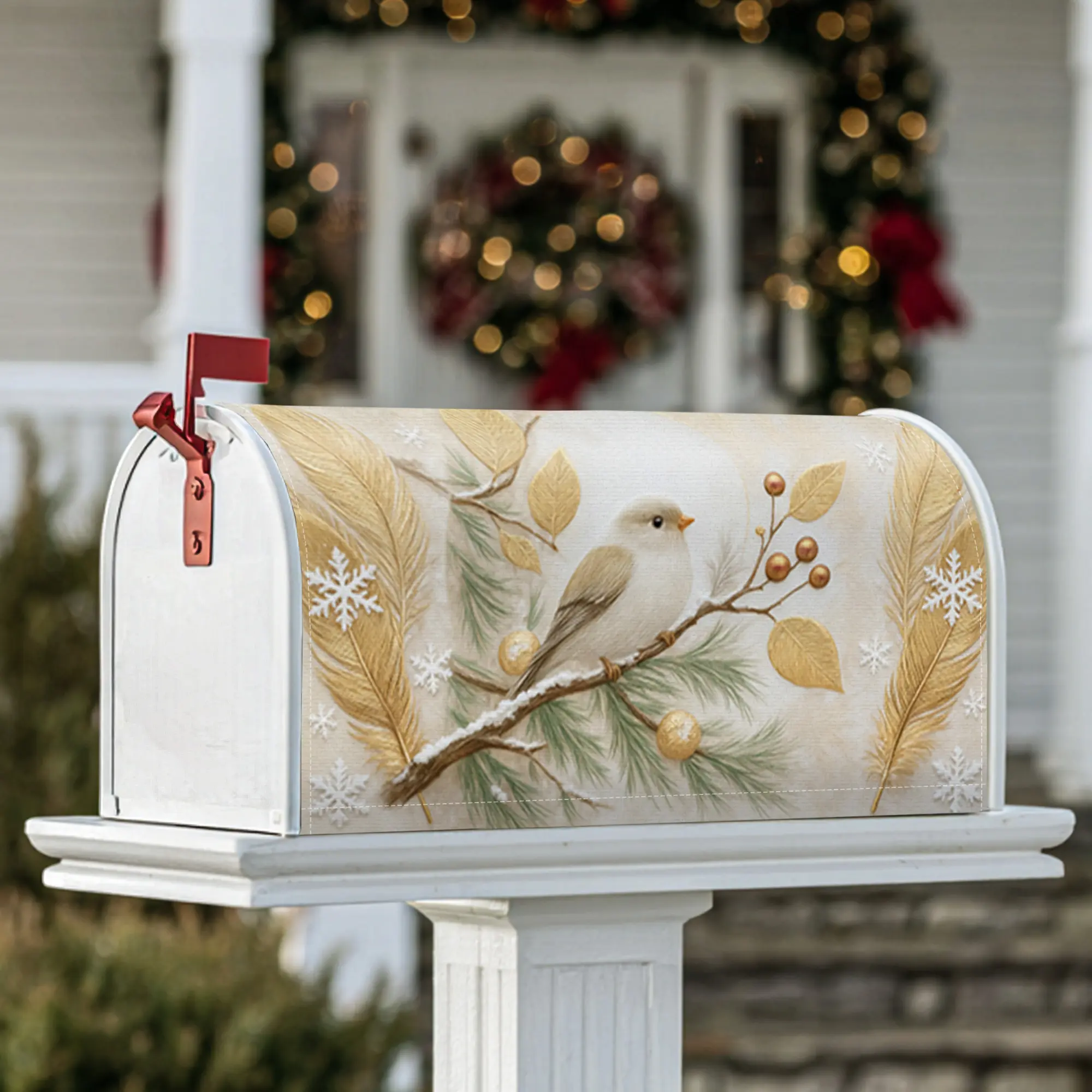 bird Magnetic Mailbox Covers, Winter rustic leaves berries Winter gold Mail Box Cover for Outdoor Garden Yard Decor