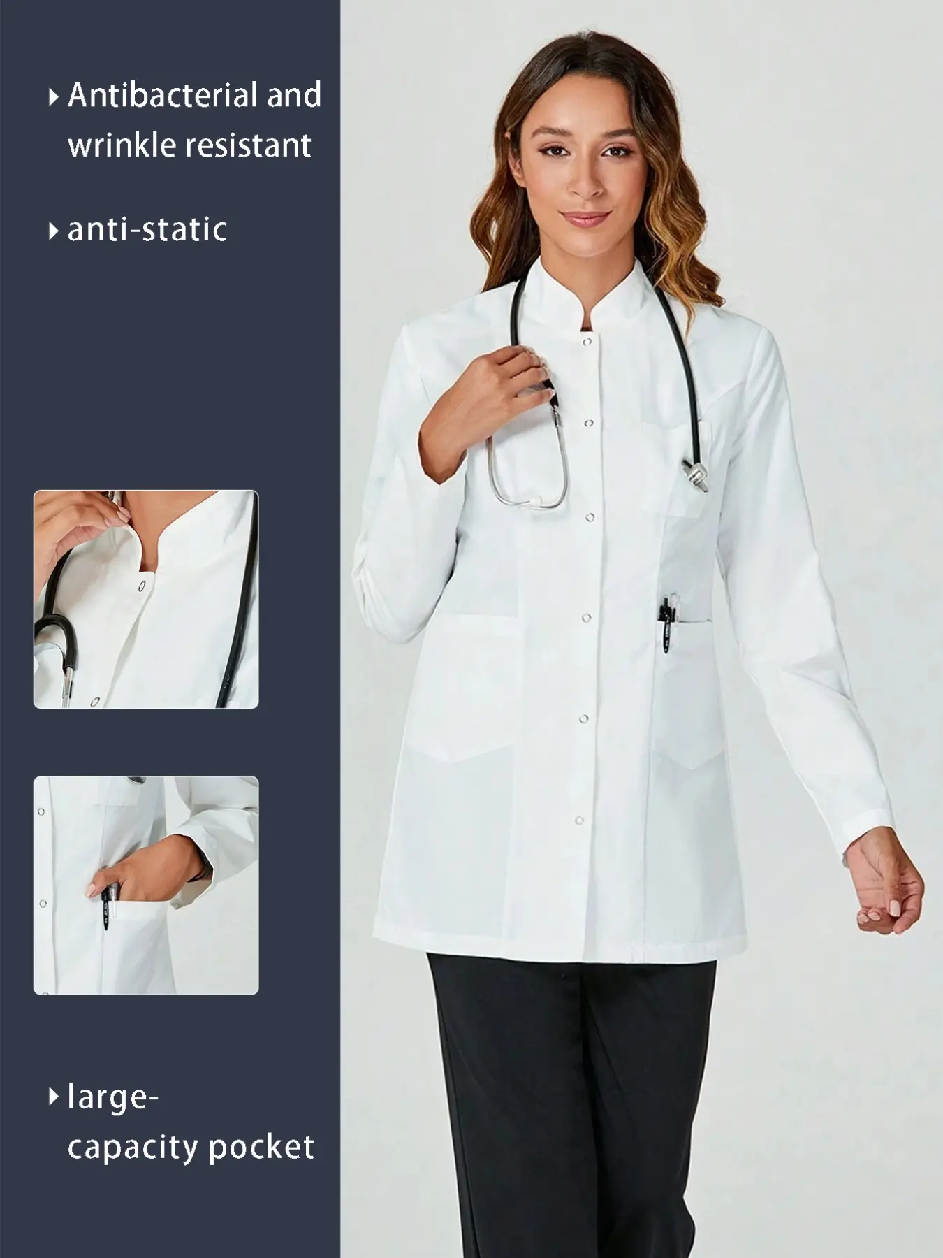 Women's Stand Collar Long Sleeve Lab Coat, Button Front Medical Jacket, Multiple Pockets, Doctor Clinic Beauty Salon Workwear