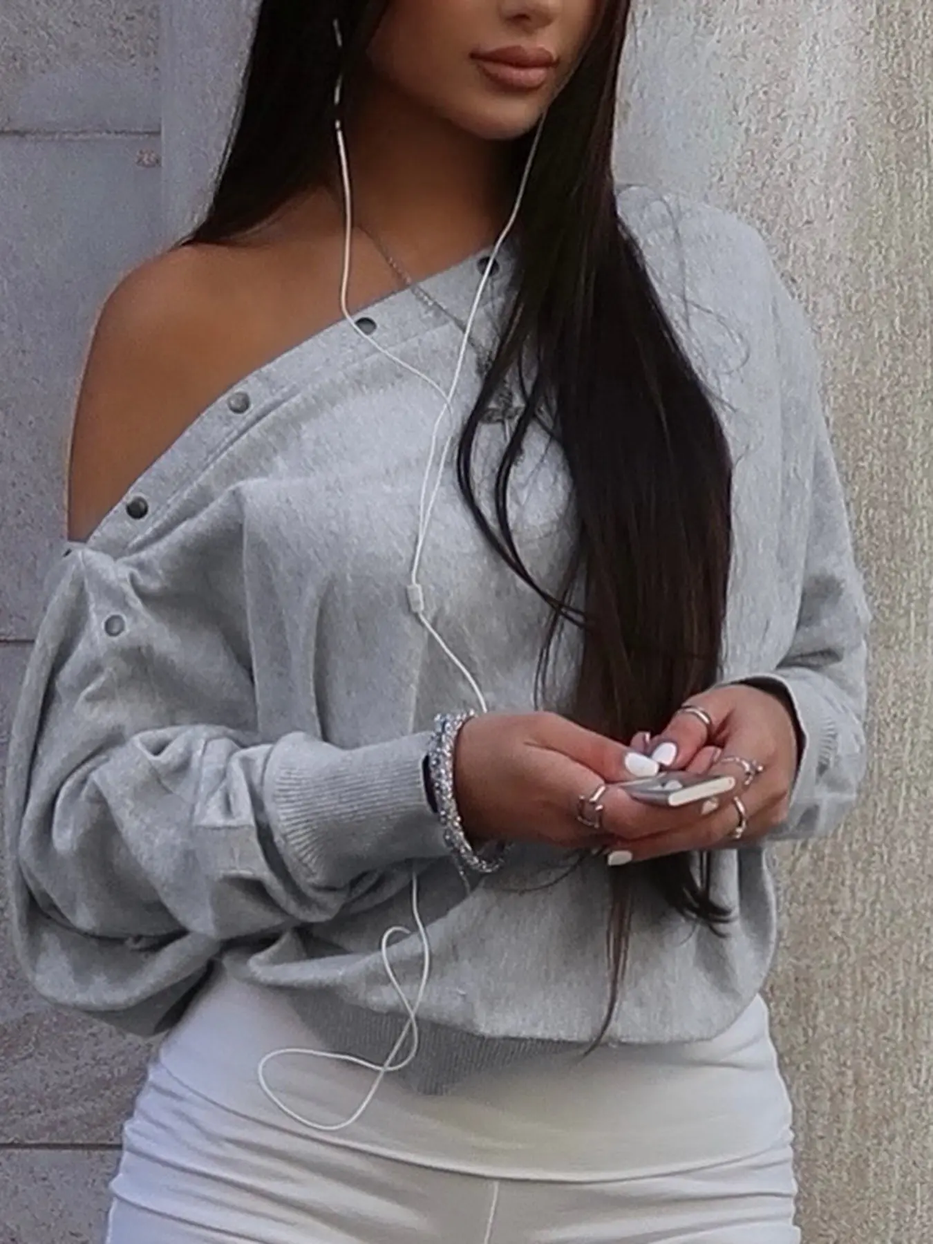 Casual Everyday Basic Drop Shoulder Asymmetrical Design Sweatshirt, Rivet Decorated Neckline, Loose Batwing Sleeves, Waist Cinched, Short Sleeve Top