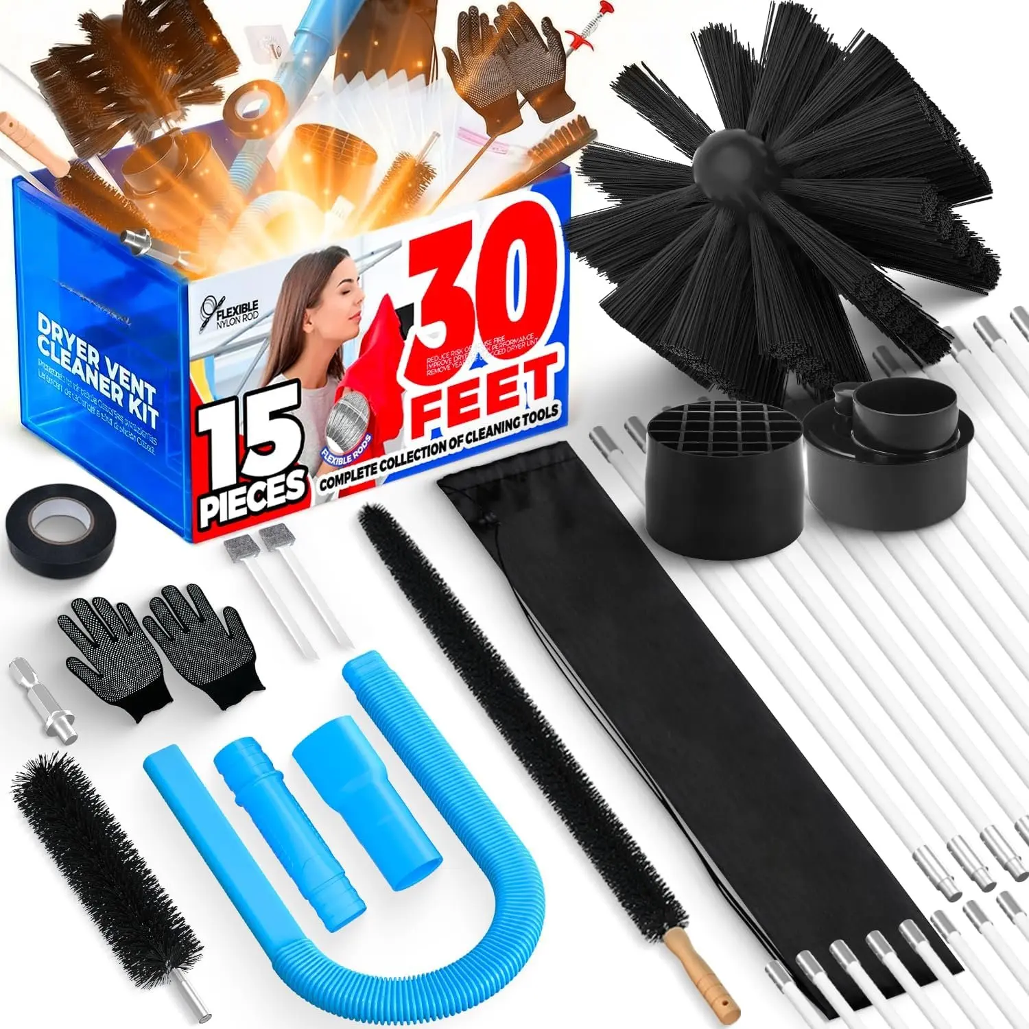 30FT Dryer Vent Cleaner Kit 15 count - Lint Remover Brush Vacuum Tools | Dryer Vent Brush Kit, Omnidirectional Lint Vacuum Attachment & Lint  Brush Clean Hard-to- Areas, Remove  Lint