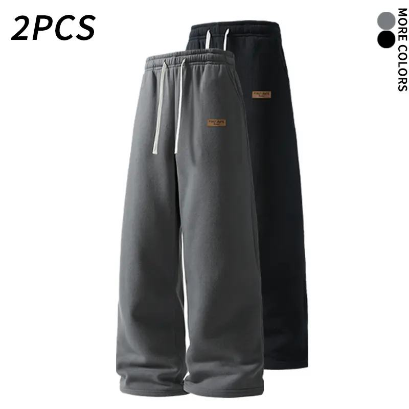 2 Pack Men's Baggy Wide Leg Sweatpants, Fleece Lined Drawstring Jogger Pants with Pockets, Relaxed High Waist Straight Leg Lounge Trousers for Gym, Streetwear and Daily Wear