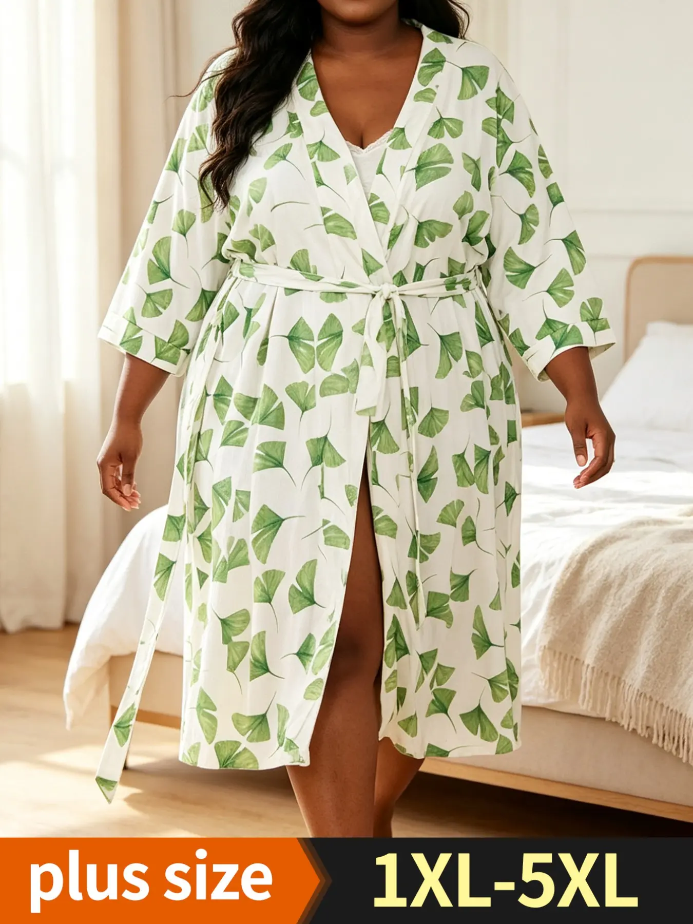 New Fall Winter Women's Plus Size Nightgown, Elegant Ginkgo Leaf Print, Three Quarter Sleeves, Adjustable Waist Belt, Loose Fit, Home Wear, Nightwear