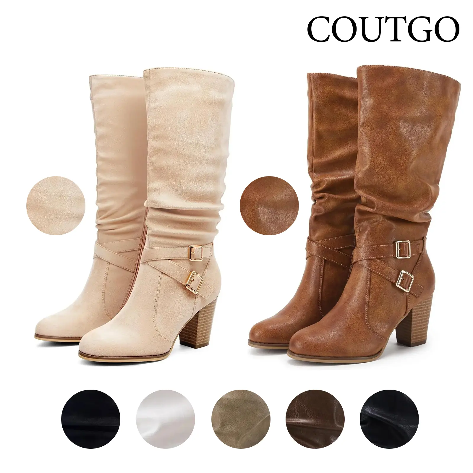 Coutgo Womens Mid Knee High Boots Chunky Heel Slouchy Metal Buckle Side Zipper Fashion Winter Shoes tiktokshopbacktoschool
