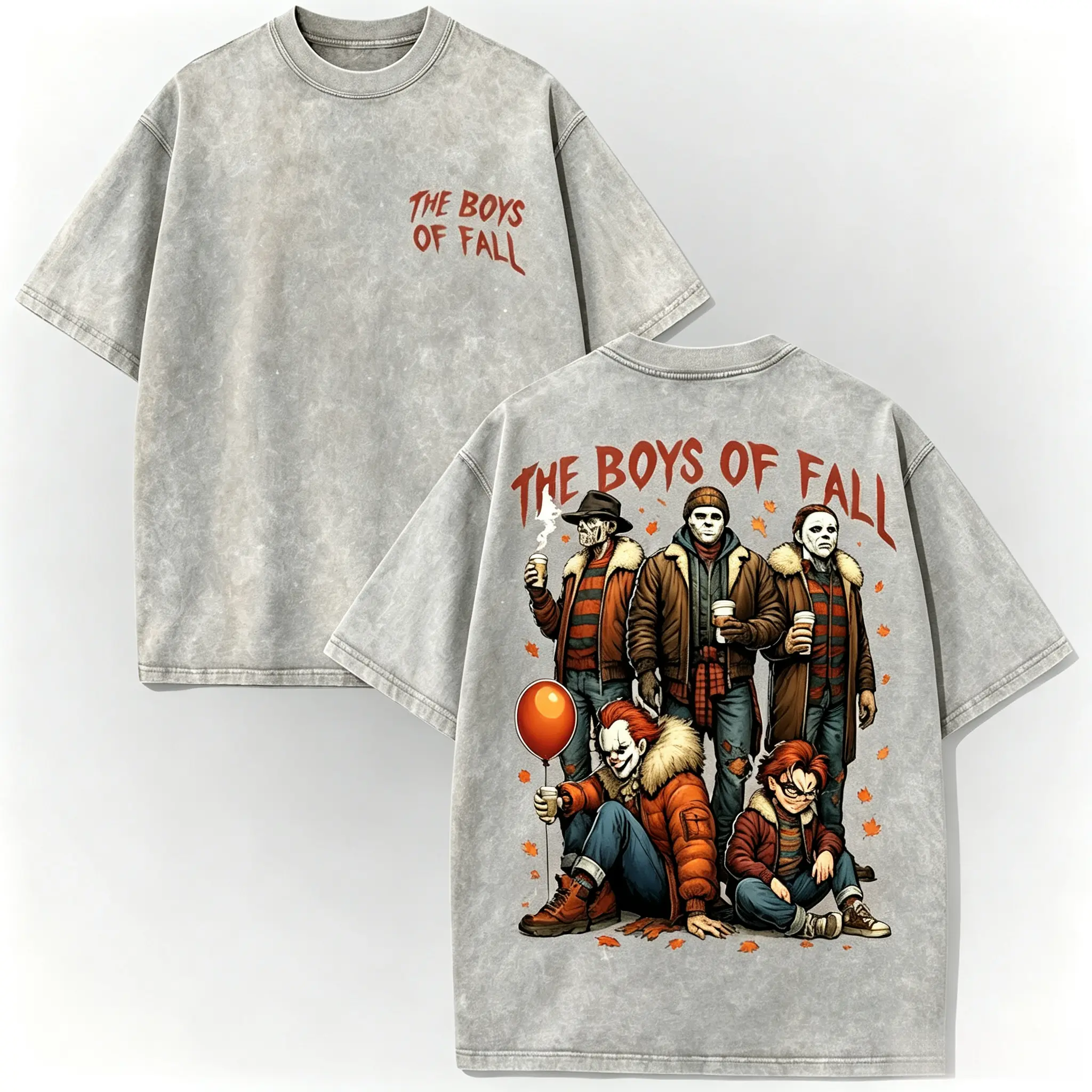 Retro Horror Halloween Movie Characters GraphicWashed T‑Shirt, The Boys Of Fall Vintage Tee, Fall Autumn Spooky Season Oversized Washed Shirt For Horror Lovers,Horror Halloween Gift