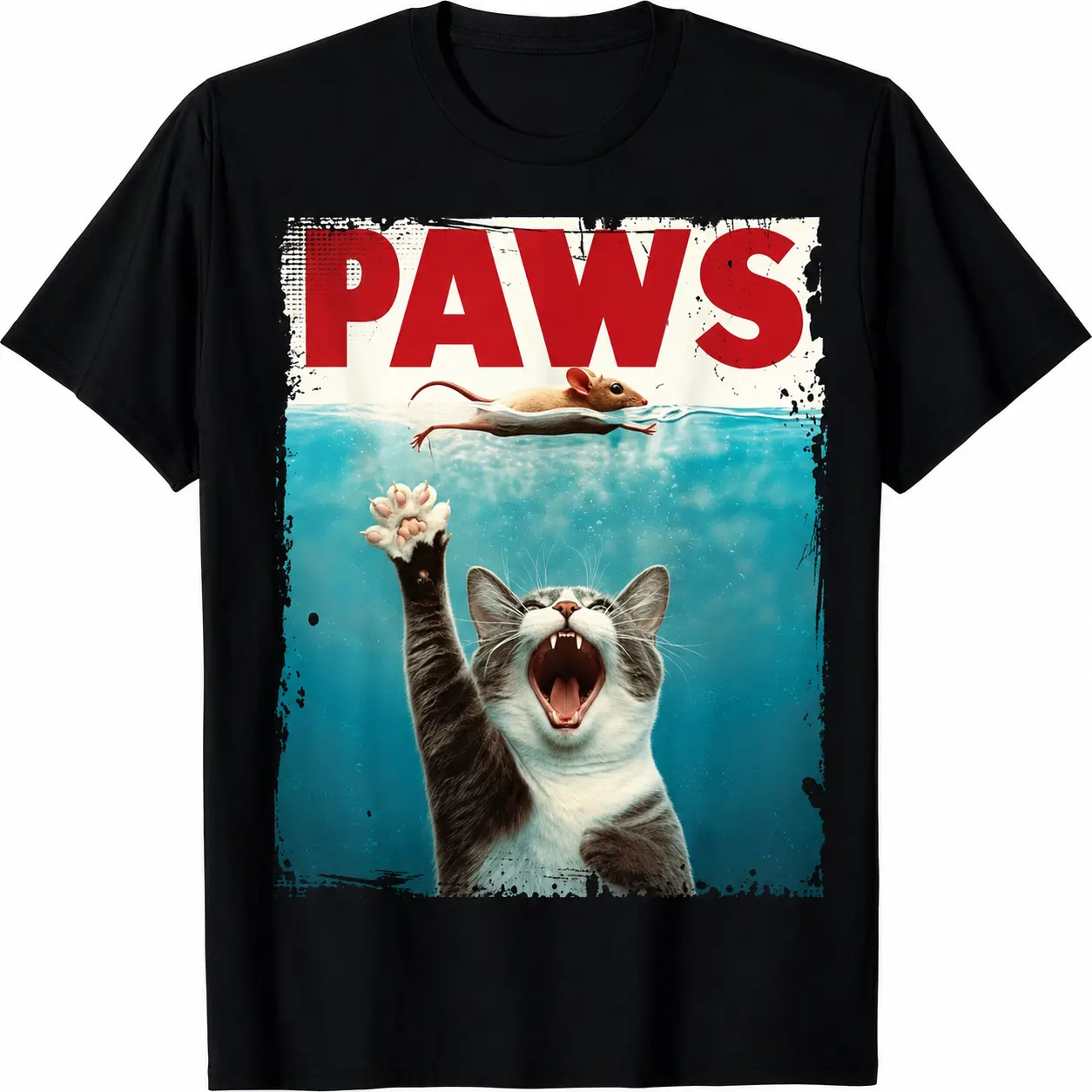 PAWS Funny Cat Parody T-Shirt  Vintage Movie Spoof Graphic Tee  100% Cotton Unisex Shirt