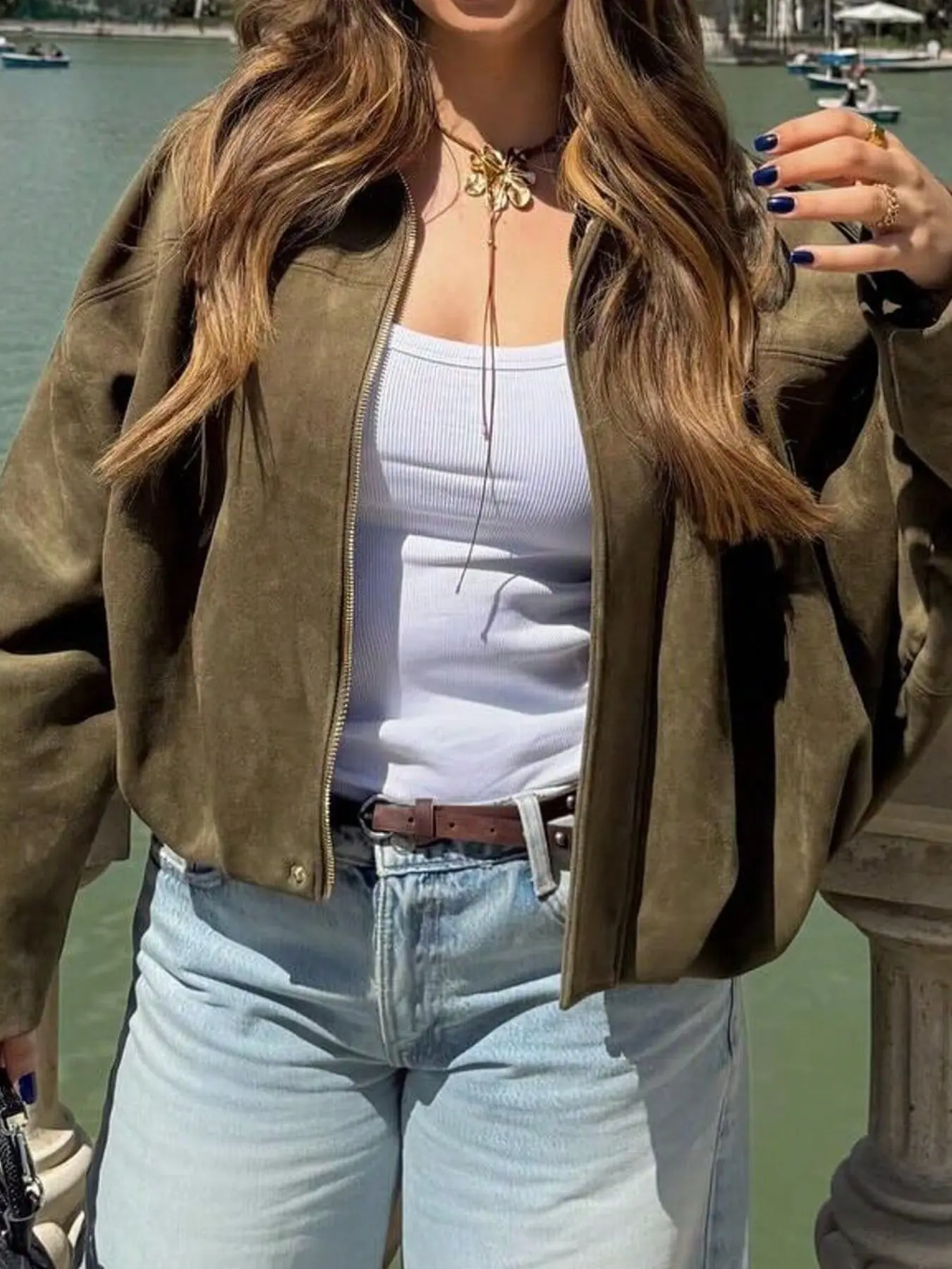 Military Imitation Leather Lapel Jacket, Super Loose Zipper Short Sleeve Drop Shoulder Coat, Stylish and Comfortable Outerwear