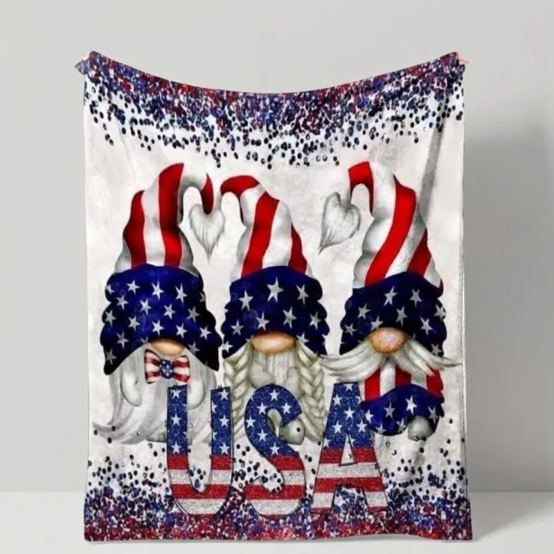 1PC Patriotic USA Gnome Flannel Blanket – Soft & Warm, 280gsm, All-Season Use, Perfect for Sofa, Bed, Living Room, Halloween, Christmas, Fall Decor
