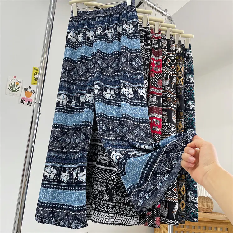 Boho Elephant Print Loose Pants for Women, Retro High Waist Wide Leg Flowy Bottoms for Summer Beach Party, Straight Leg, Wide-Leg Pants
