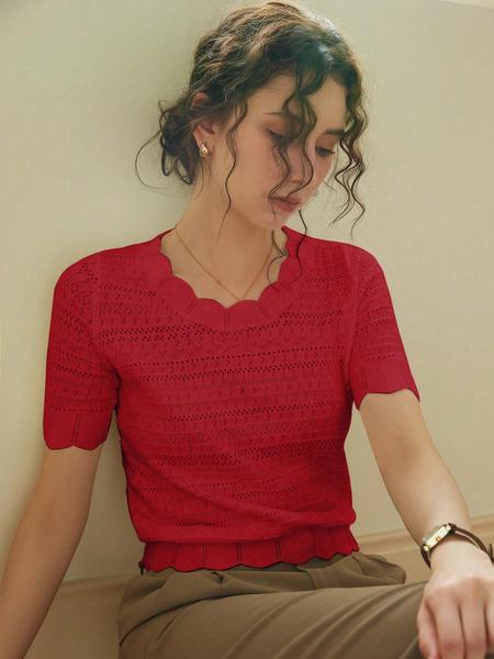 French Style Elegant Slim-Fit Casual Short Sleeve Pullover Knitted Top for Women, Fall & Winter Fashion, Random Pattern Design, Knitwear