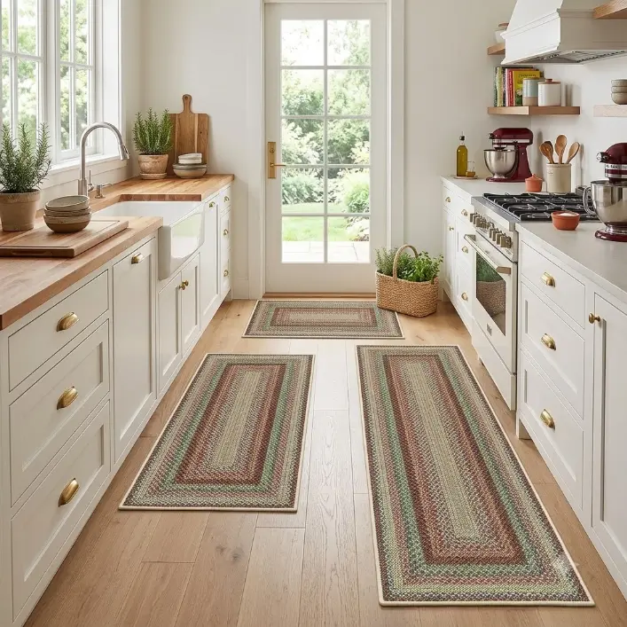 Boho Vintage Classic Print 3-Piece Washable Flannel Kitchen Rug Set, Non-Slip Soft Indoor Floor Mats for Kitchen Areas, Multi-Size Option, Indoor Use