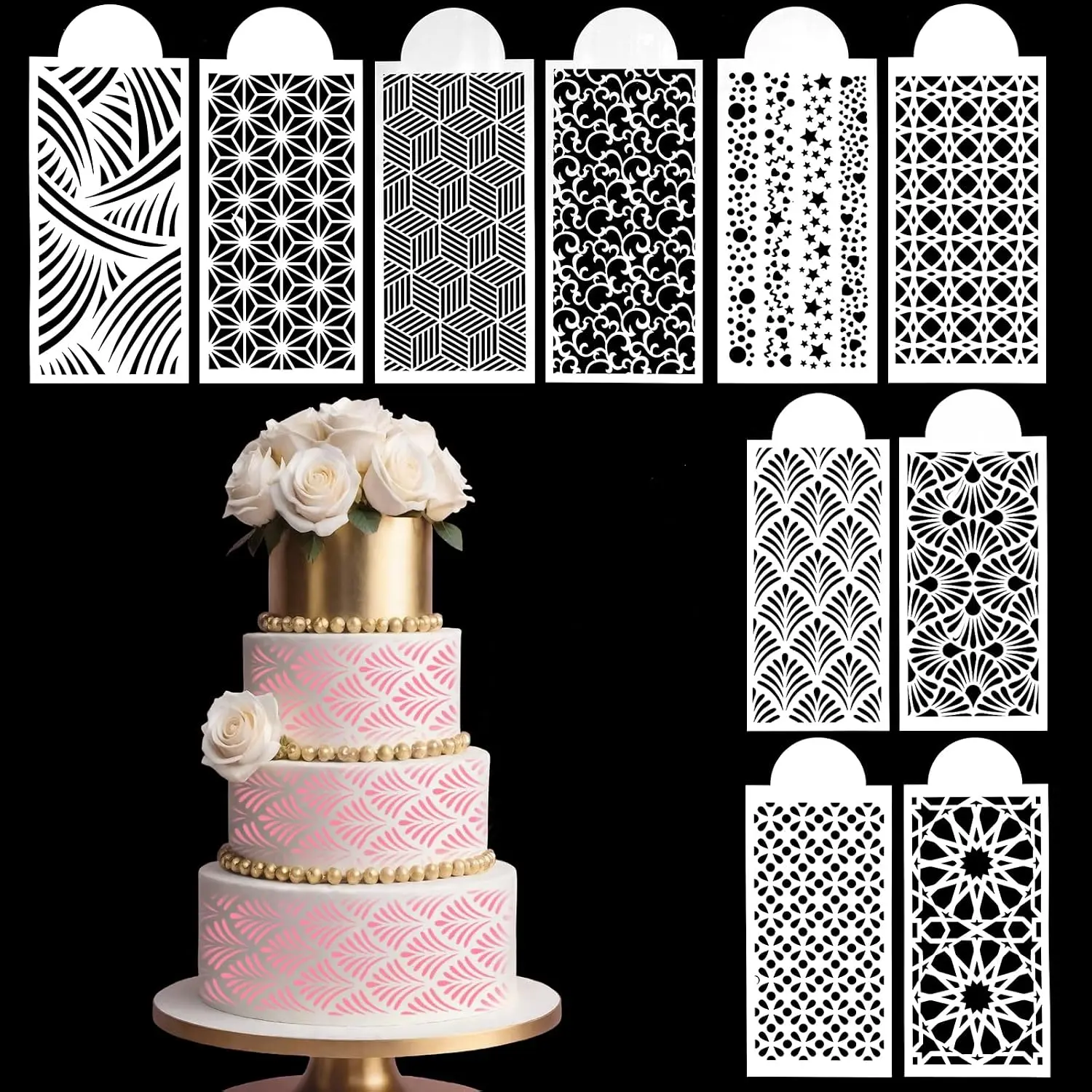 Cake Stencils for Buttercream, 10 count Mesh Floral Stencils for Cakes Decorating Supplies DIY Side Baking Stencil  Templates for Fondant Cookie Wedding