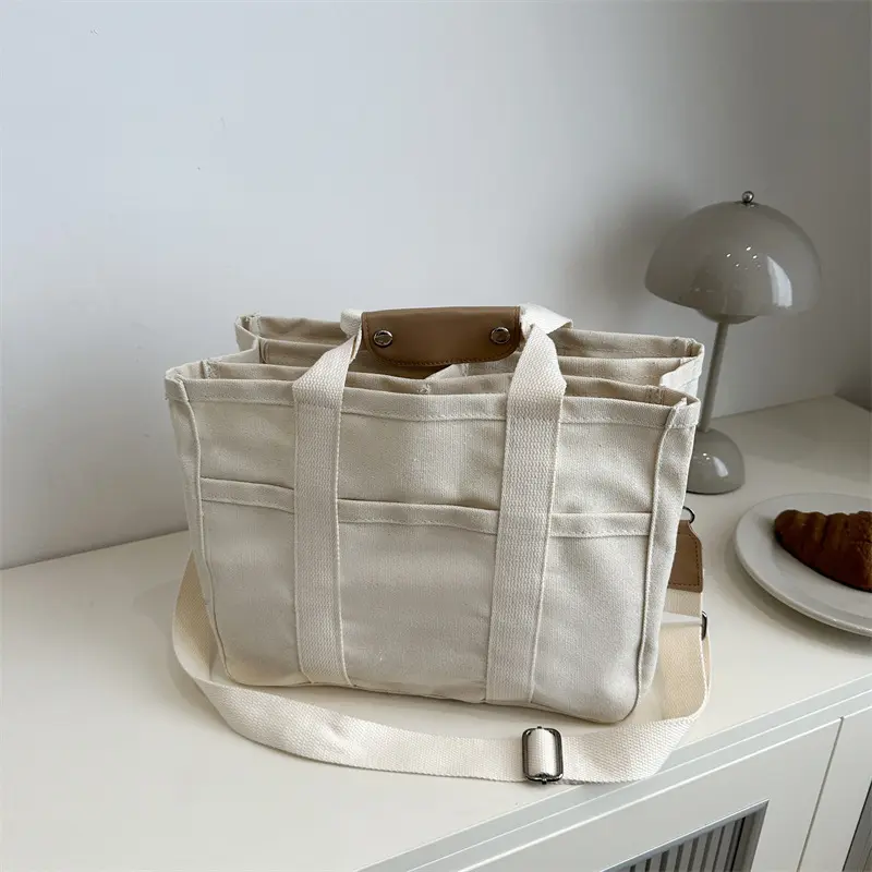 Large Capacity Mom Bag Canvas Tote Bag, Aesthetic Multi Pocket Organizer Handbag with Multiple Compartments, Lightweight Utility Shoulder Messenger Bag for Moms, Baby Care, Travel, Shopping and Everyday Essentials Storage