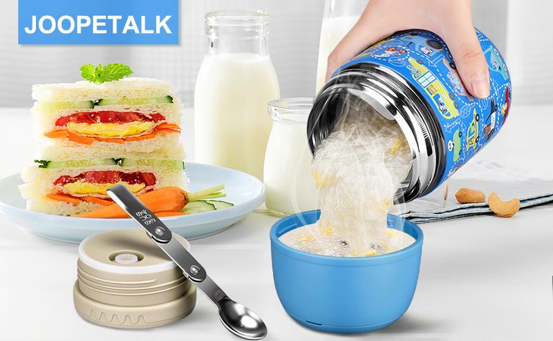 17 oz Insulated Lunch Containers Hot Food Jar, Wide Mouth Lunch Thermo for Kids Adults, Vacuum Stainless Steel Lunch Box With Handle Folding Spoon for School, Office (Blue Car)