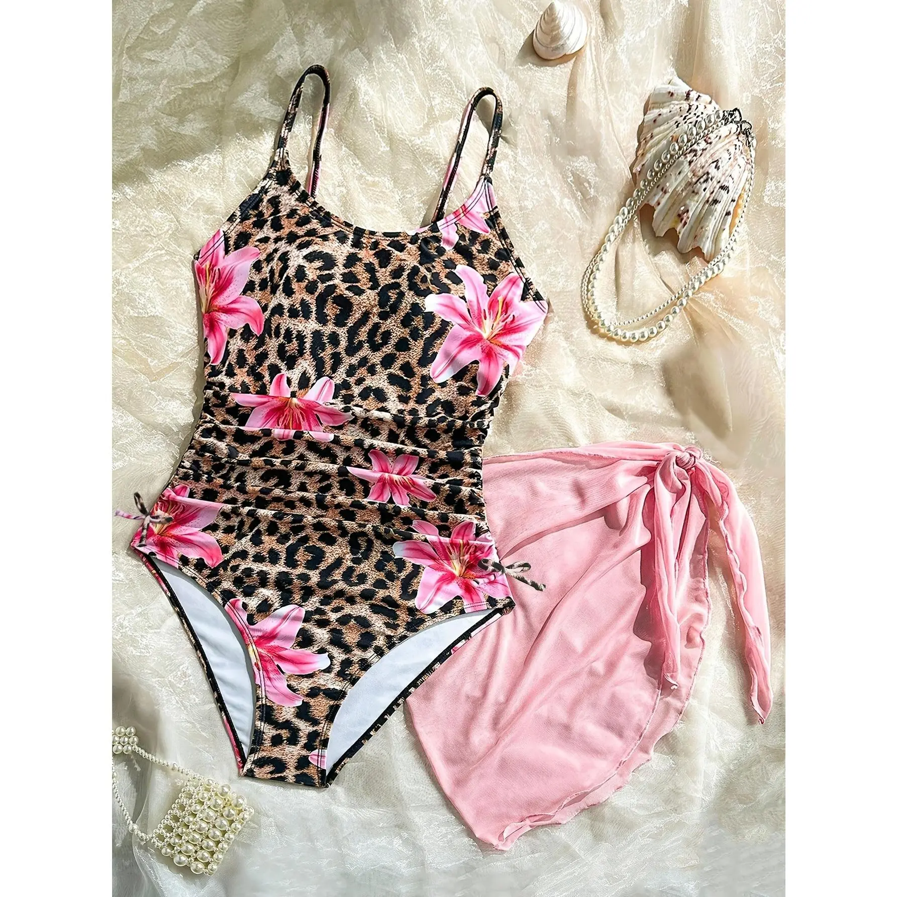 Tween Girl 1pc Swimsuit with Sarong Beach Wear Kids Girl 2pcs Swimsuit Sets Ruched Girl's Bathing Suit Holiday, Vacation Outfits