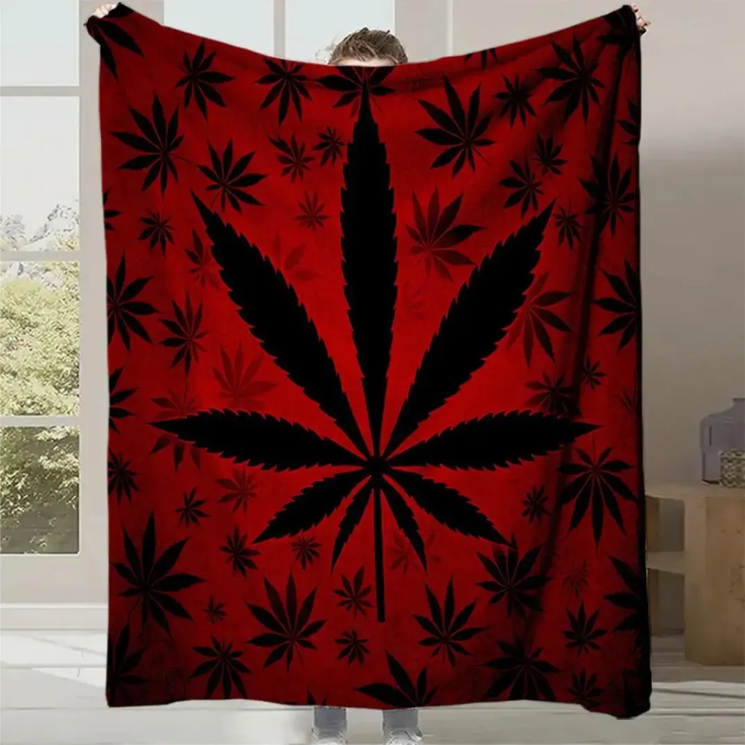 1pc Leaf Print Blanket - Heavy-Duty Quilted Flannel Bedspread with Black & Red Marijuana Leaf Pattern, Soft Warm All-Season Bed  Warm Haven Textiles