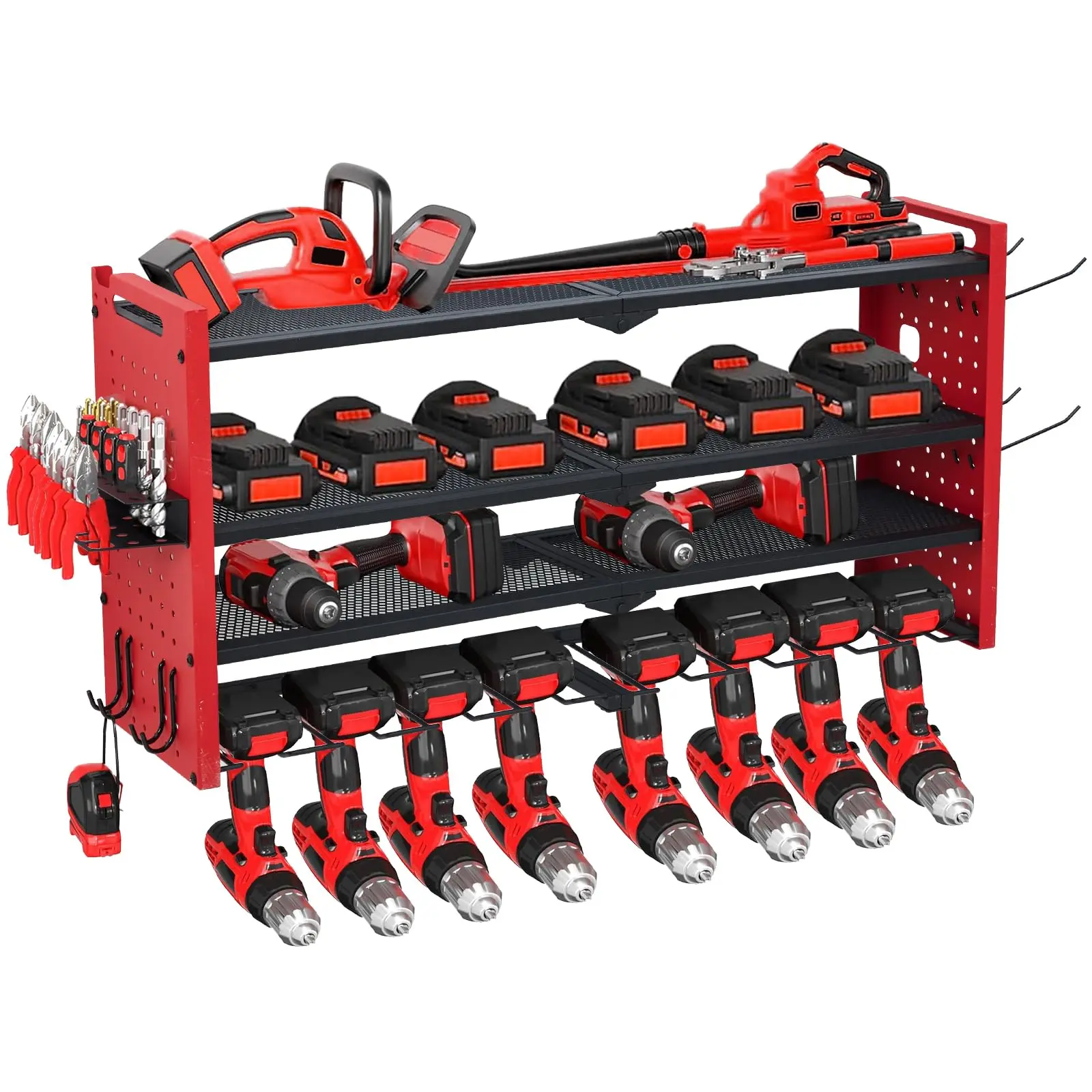 Garvee Wall Mount Power Tool Organizer with Charging Station, 3-Layer Heavy Duty Garage Rack, 4 Drill Storage Shelf with Hooks, Drill Bit and Battery Holder for Garage Workbench