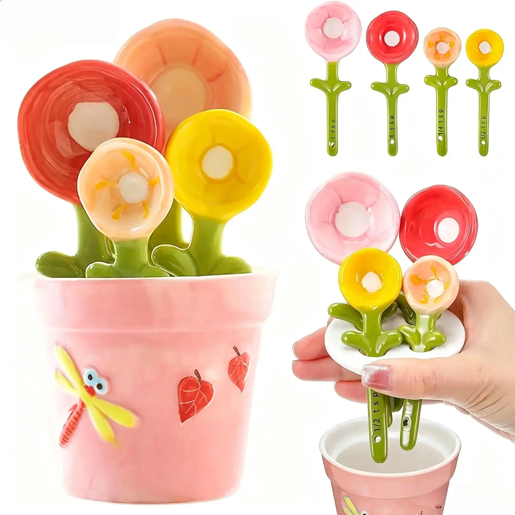Floral Ceramic Measuring Spoons Set with Stand, 4PCS Decorative Kitchen Measuring Tools, Cute Flower Pot Design with Accurate Size Marks, Baking & Cooking Accessories for Home Kitchen, Coffee, Tea & Gift sohochic