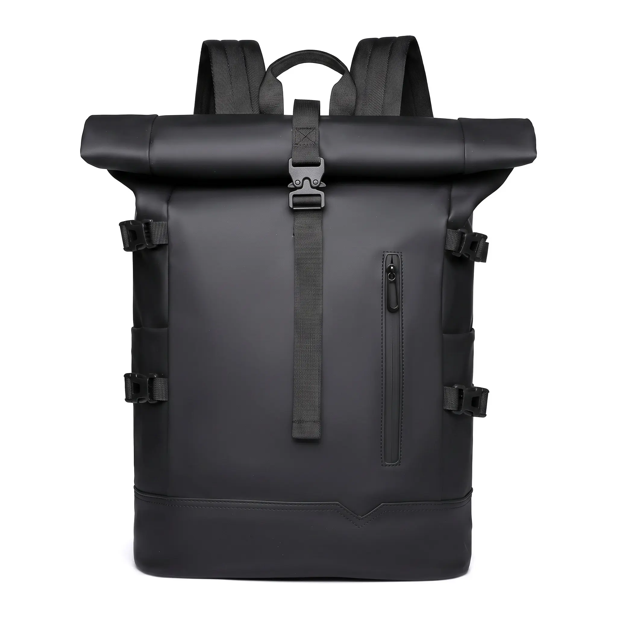 Men's Waterproof Casual Travel Backpack with 15in Laptop Compartment, Curved Shoulder Straps, Clean Lines, Expandable 20-35L Capacity, Solid Black Polyester Lining, Sleek Stitching, Zipper, Daily Essential Luggage Bag