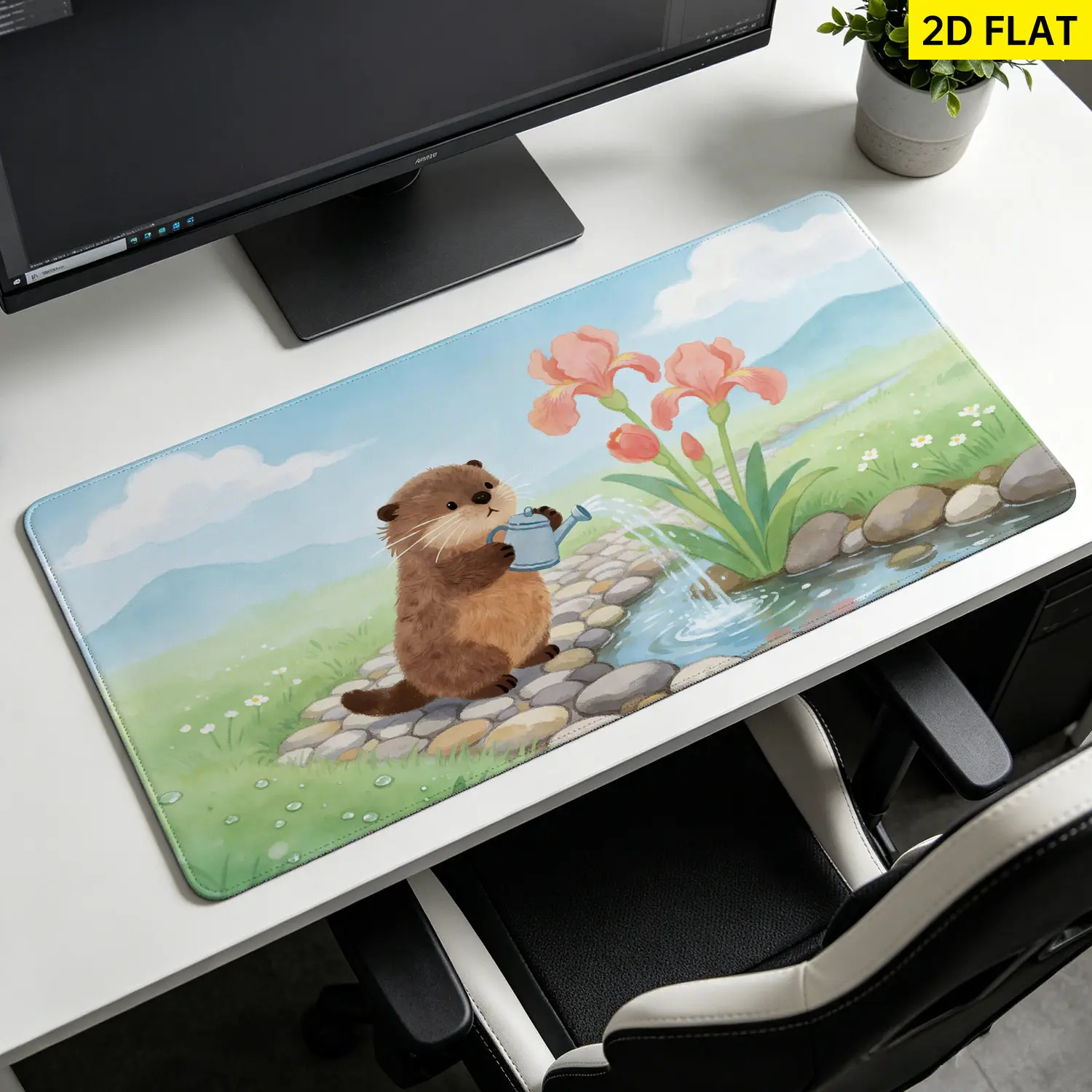 Cartoonish Otter Watering Flowers Watercolor Tapestry Wall Mural - Large Horizontal Durable Polyester Hanging Wall Art, Decorative Tapestry, Home Decor for Living Room, No-Installation Indoor-Outdoor Gift, Computer Accessories Mouse Pad Alternative, Anima