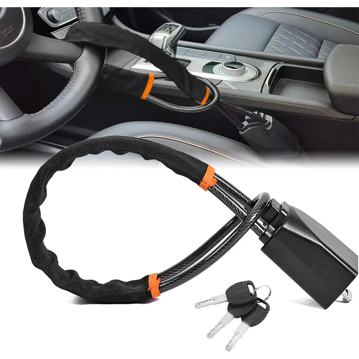 Adjustable Car Steering Wheel Lock - Safety Belt Clip Anti-Theft Device, 17in Max Length, Small Lightweight, Multi-Functional, Fits Most Vehicles, SUVs, Golf Carts (Black), Wheel Steering Locks & Security