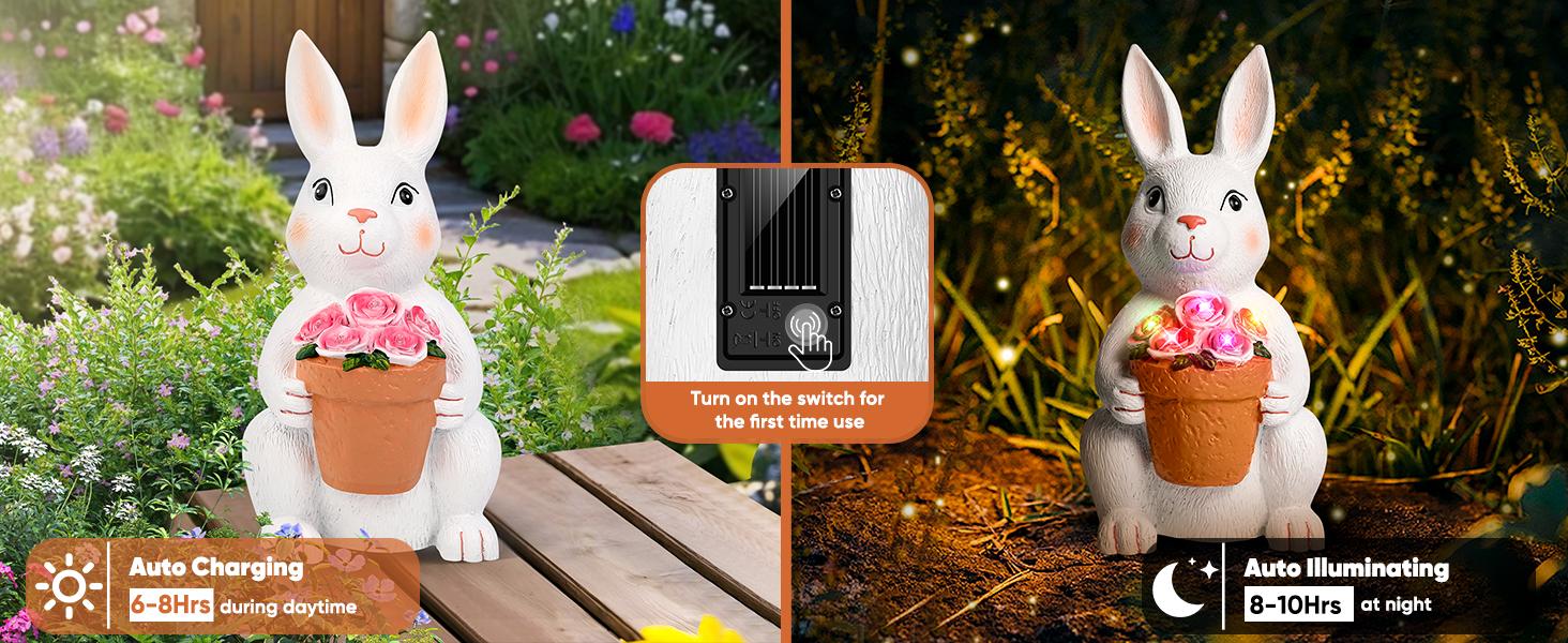 Solar Outdoor Garden Statues- Rabbit with Flowers and 5 Colorful LED Lights, 11.8IN Outdoor Figurine Lights, Solar Garden Bunny Decor for Patio, Unique Gifts for Mom, Birthday, Housewarming