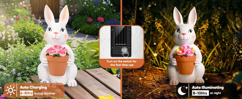 Solar Outdoor Garden Statues- Rabbit with Flowers and 5 Colorful LED Lights, 11.8IN Outdoor Figurine Lights, Solar Garden Bunny Decor for Patio, Unique Gifts for Mom, Birthday, Housewarming