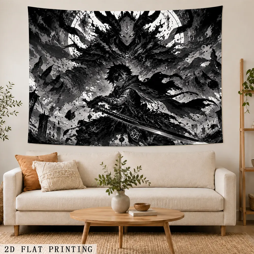 2D Flat Black White Ink Wash Anime Samurai Boy Demon Horned Spirit Katana Sword Wall Tapestry 1pcs Dark Grunge Manga Warrior Gothic Evil Spirit Gamer Bedroom Wall Hanging Decor | black white anime warrior tapestry, ink wash manga wall hanging, demon spiri