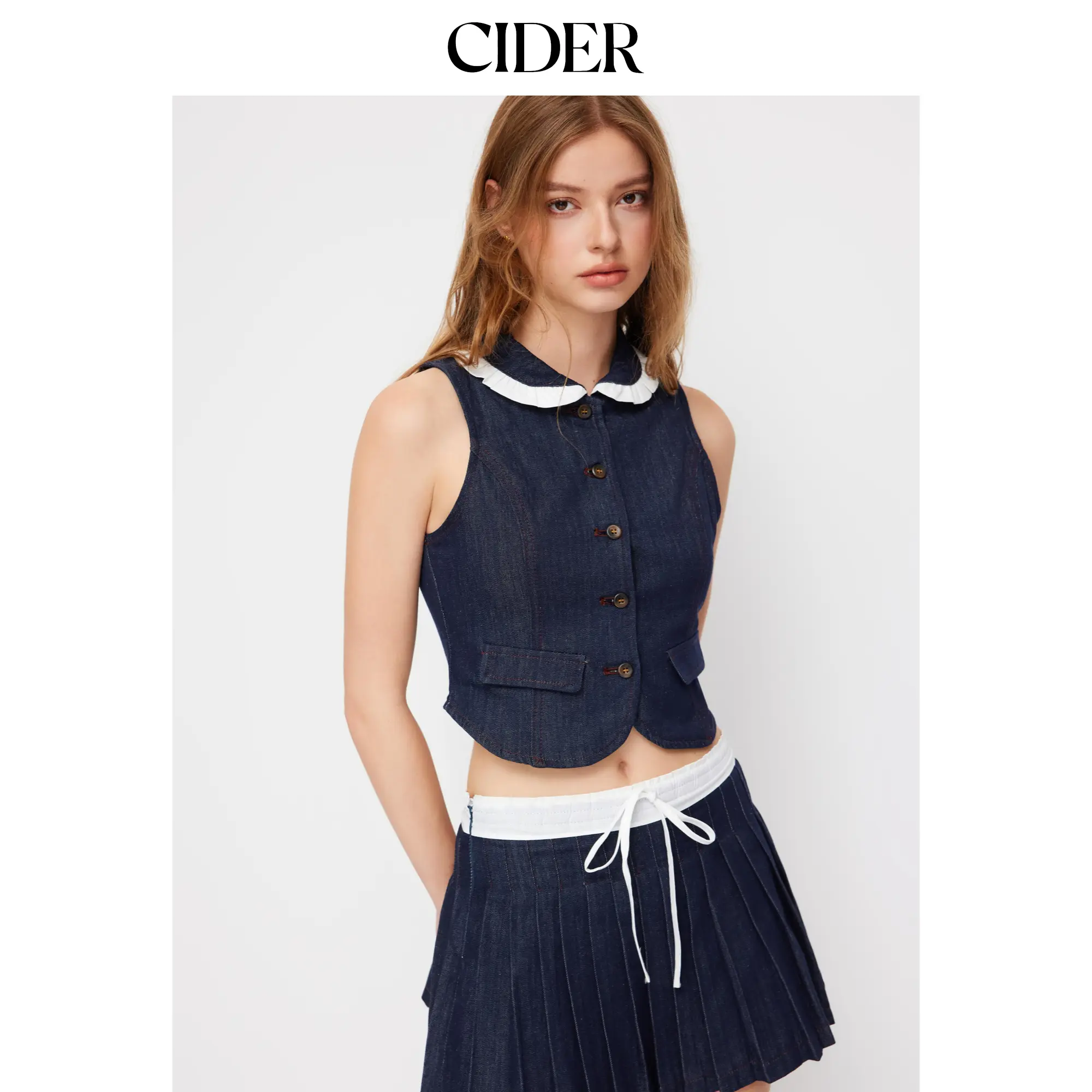 Cider Denim Peter Pan Collar Lettuce Trim Contrasting Binding Vest SummerWins SummerFinds
