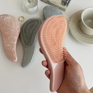 Ergonomic marble effect massage comb, rubber bristle brush for dry hair, ABS plastic handle, portable, stylish knot free comb