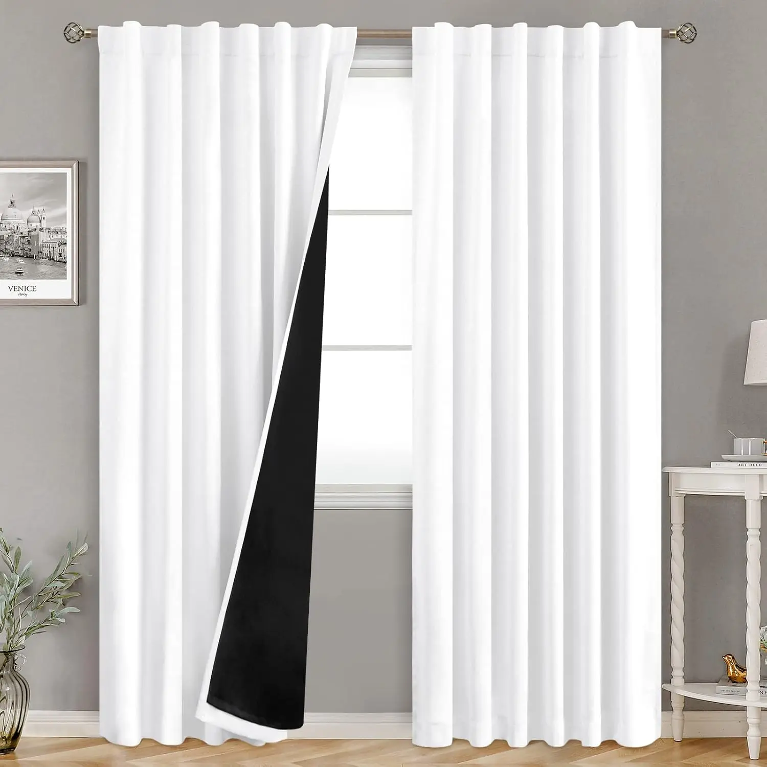 Pure White 100% Blackout Thermal Polyester Curtains, 2 Stretch Weave 52x84 in Panels with Rod & Back Tab Layers, Thermal Liner Draperies for Bedroom Living Room, Two Panels