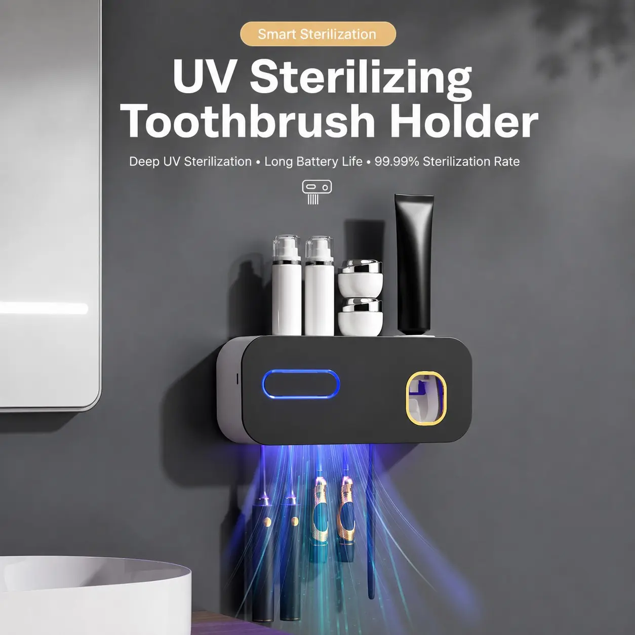 3-In-1 UV Toothbrush Sanitizer, Wall Mounted Holder, Automatic Toothpaste Dispenser, Top Storage Shelf, Bathroom Organizer, UV Toothbrush Holders