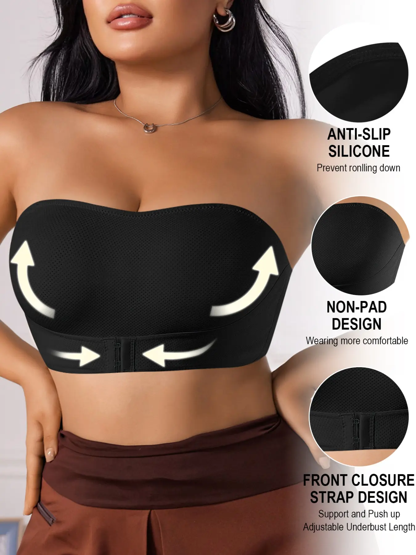 Women Plus Size Strapless Bandeau Bra with Detachable Clear Straps, Breathable Mesh Fabric, Anti-Slip Silicone Lining, Wire-Free Non-Padded, Adjustable Front Closure Lift Support