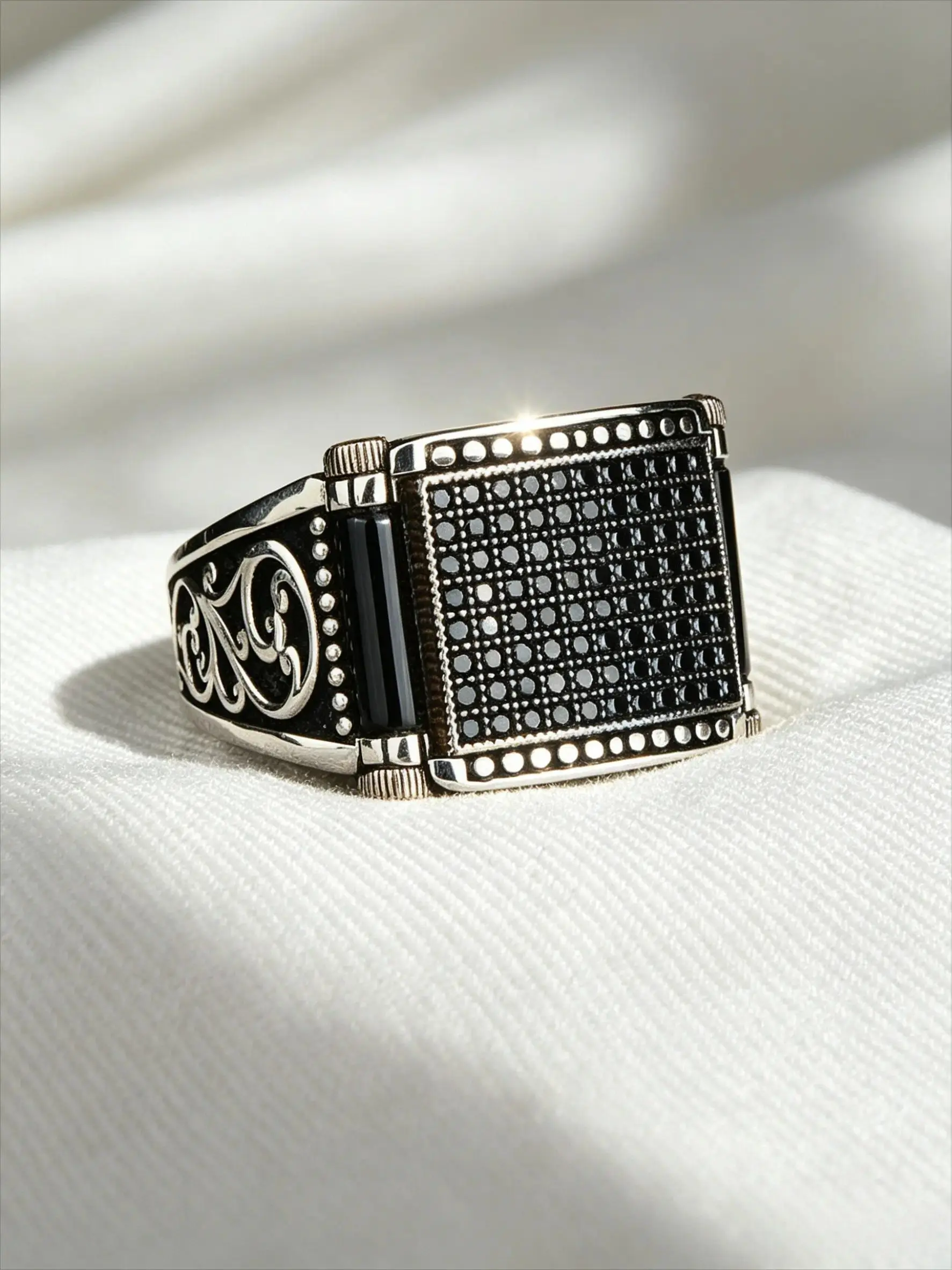 Square Full Paved Black Cubic Zirconia Signet Ring For Men Two Tone Silver Black Plated Vintage Engraved Arabic Script Wide Statement Band Hypoallergenic Anti Tarnish Gothic Religious Cocktail Jewelry Birthday Anniversary Gift For Him Cz Engagement Ring